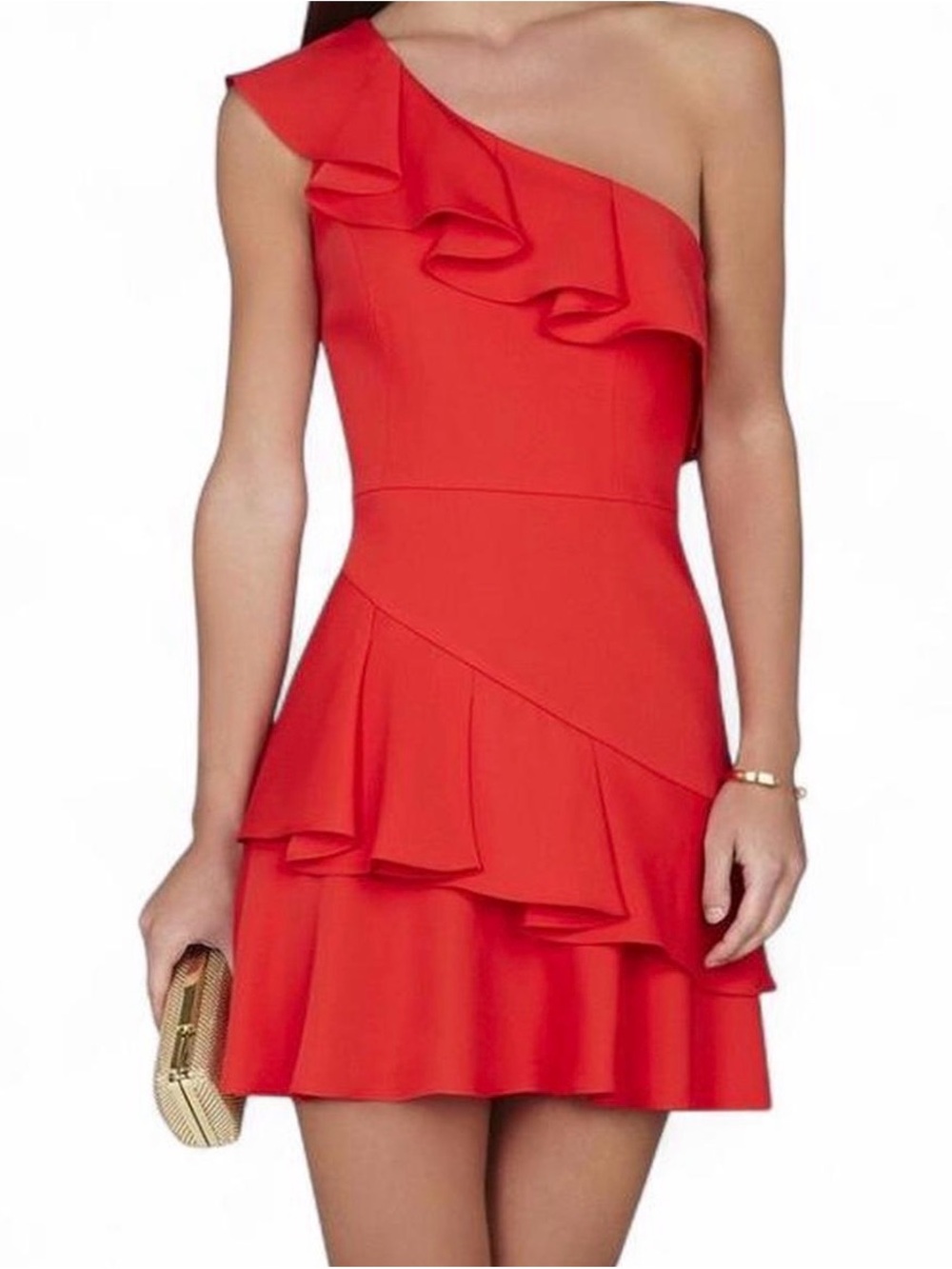BCBGMaxAzria One-Shoulder Red Ruffle Mini Dress
